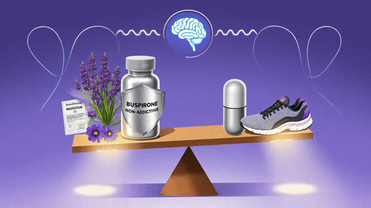A balanced scale comparing buspirone and natural anxiety remedies with brain and herb icons.