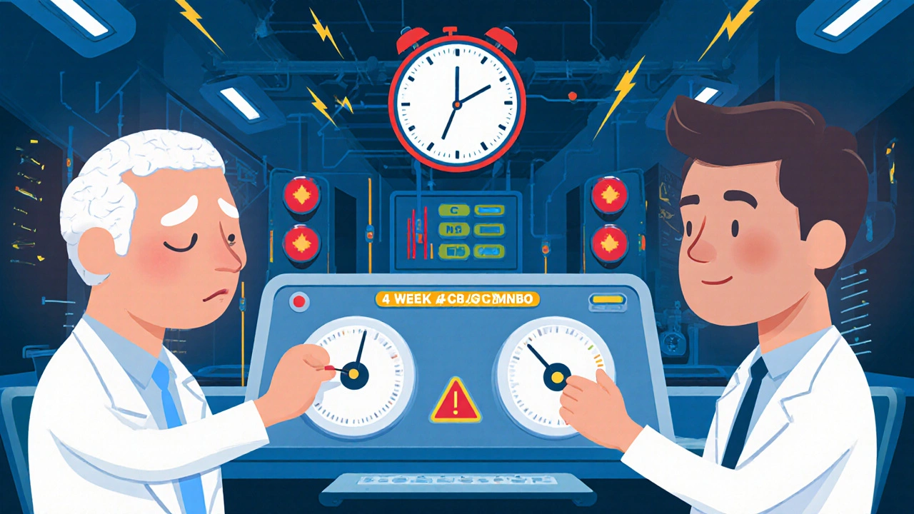 A brain control room where clonidine's sleepy janitor is replaced by a calm engineer managing blood pressure without alarms.