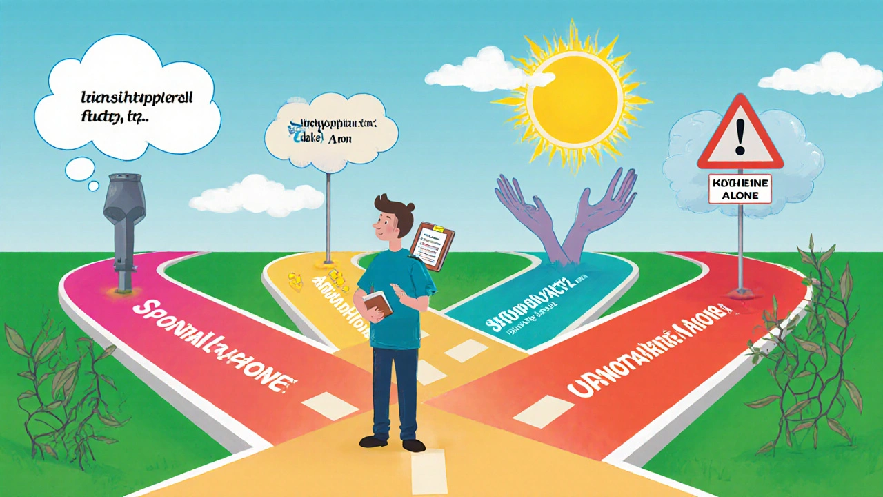 A patient at a crossroads choosing between five blood pressure medication paths in colorful concept art.