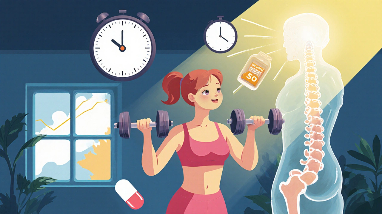 A woman exercising with floating symbols of calcium, vitamin D, and time affecting bone health.