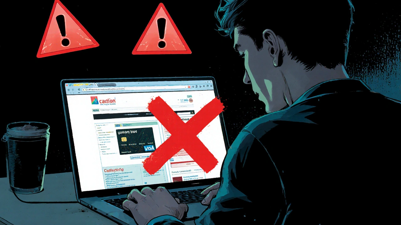 Alarmed individual sees warning symbols on a shady website with a crossed‑out credit card.