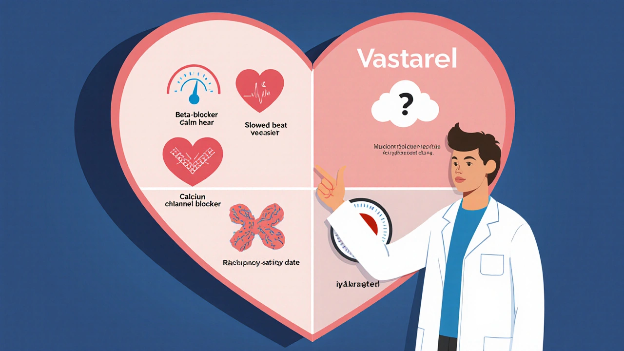 Cardiologist comparing various heart drugs on a heart‑shaped board, emphasizing Vastarel.