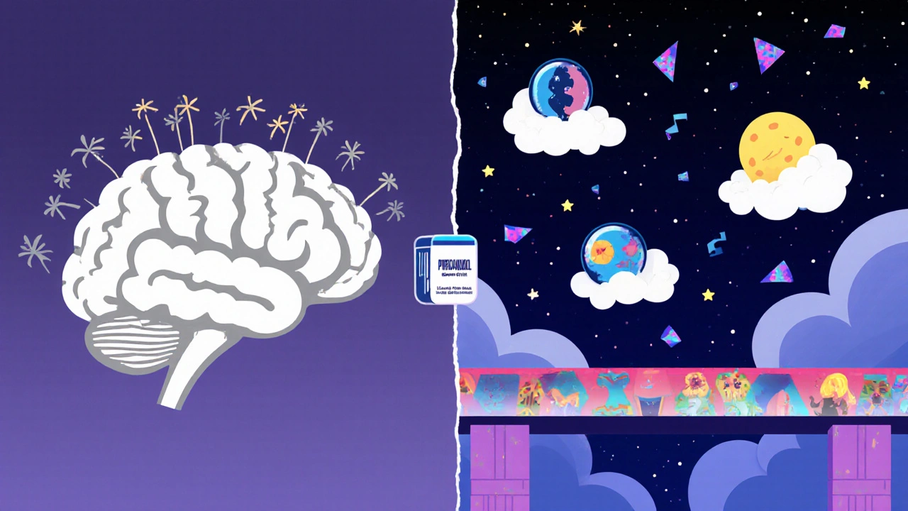Cartoon brain showing reduced norepinephrine and melatonin moon, with dreamy clouds and beta blocker molecule.