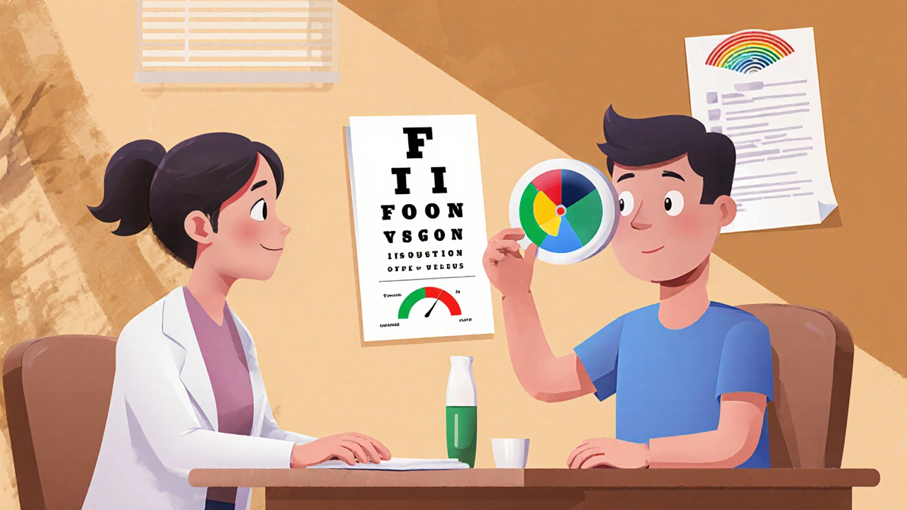 Cartoon eye exam with color vision test and renal monitoring for ethambutol therapy.