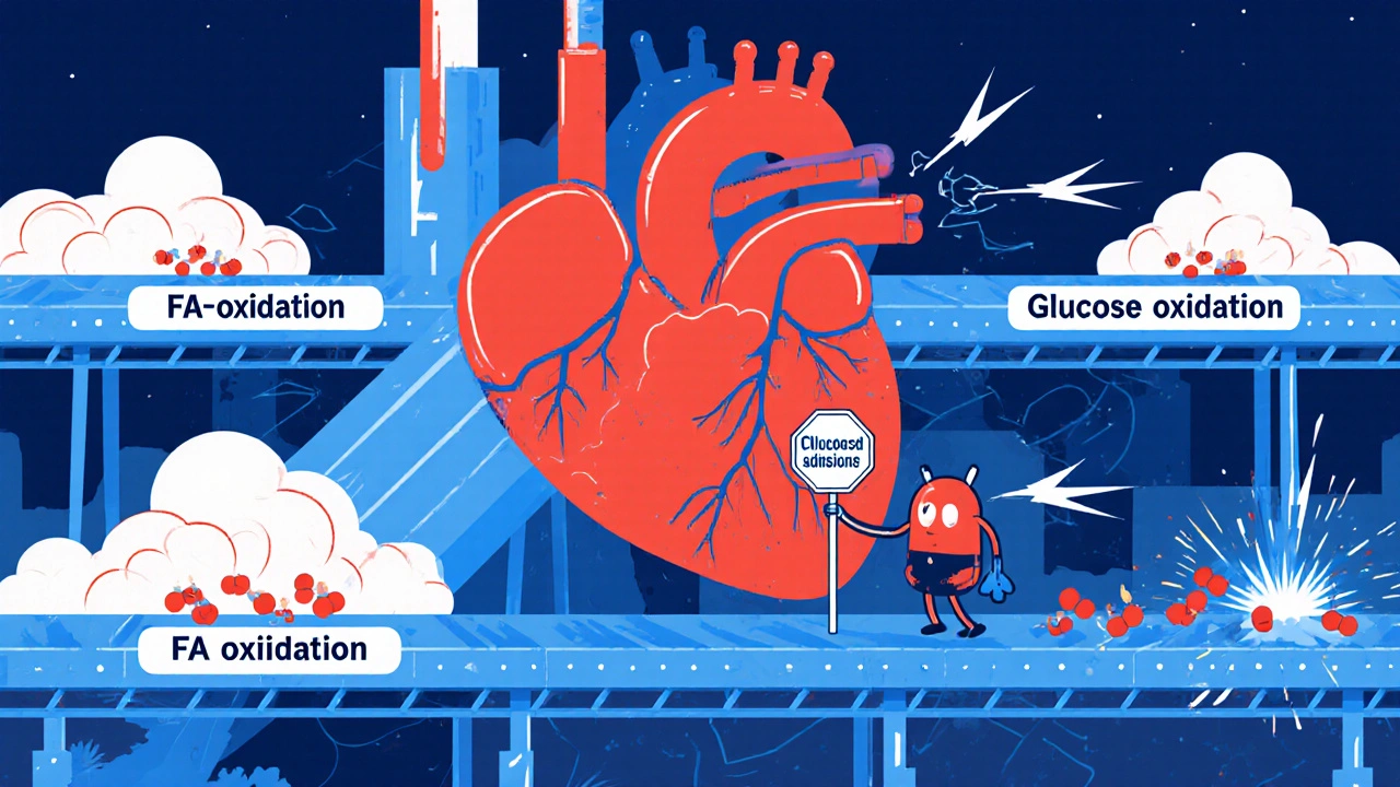 Cartoon heart factory showing Trimetazidine shifting energy use from fatty acids to glucose.