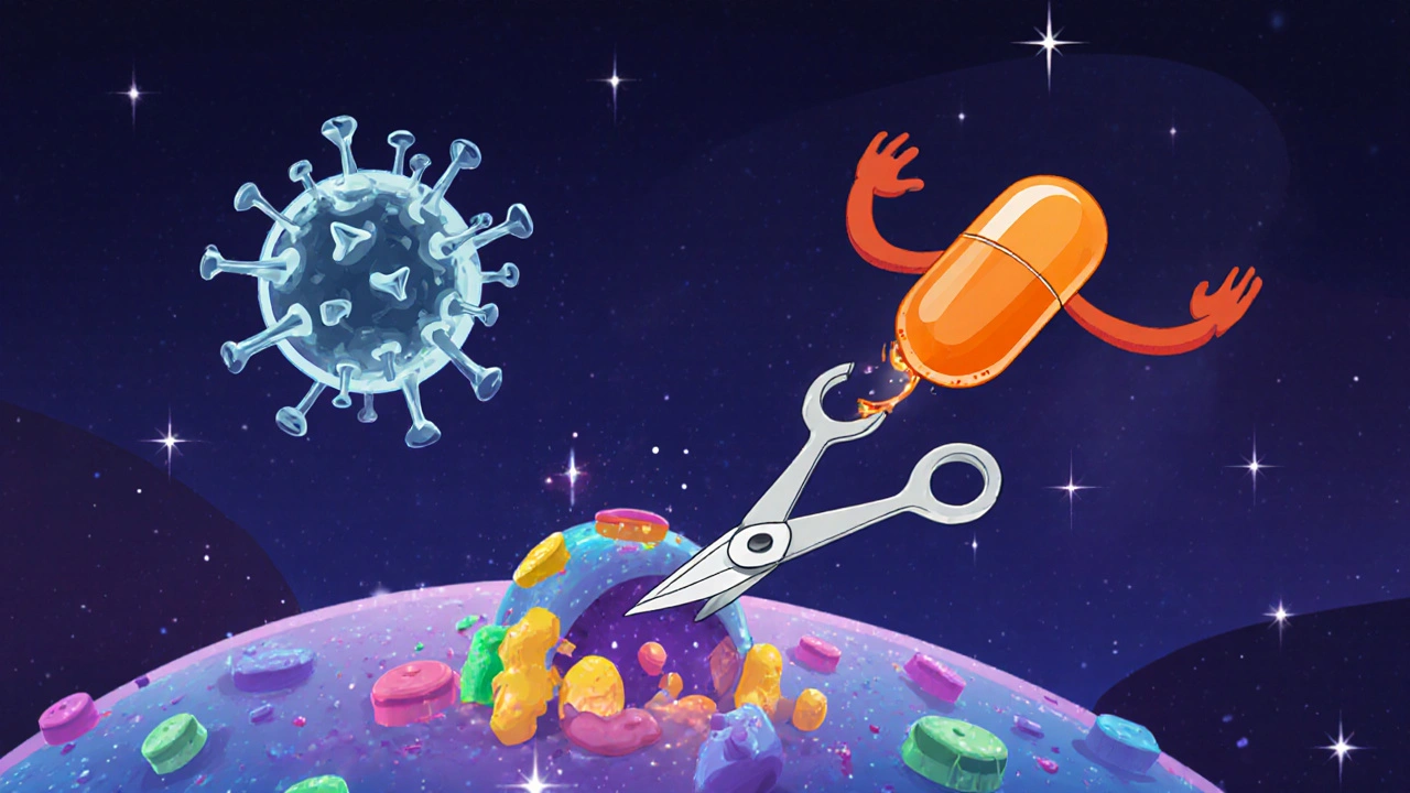 Cartoon illustration shows Atazanavir pill blocking HIV protease enzyme inside a cell.