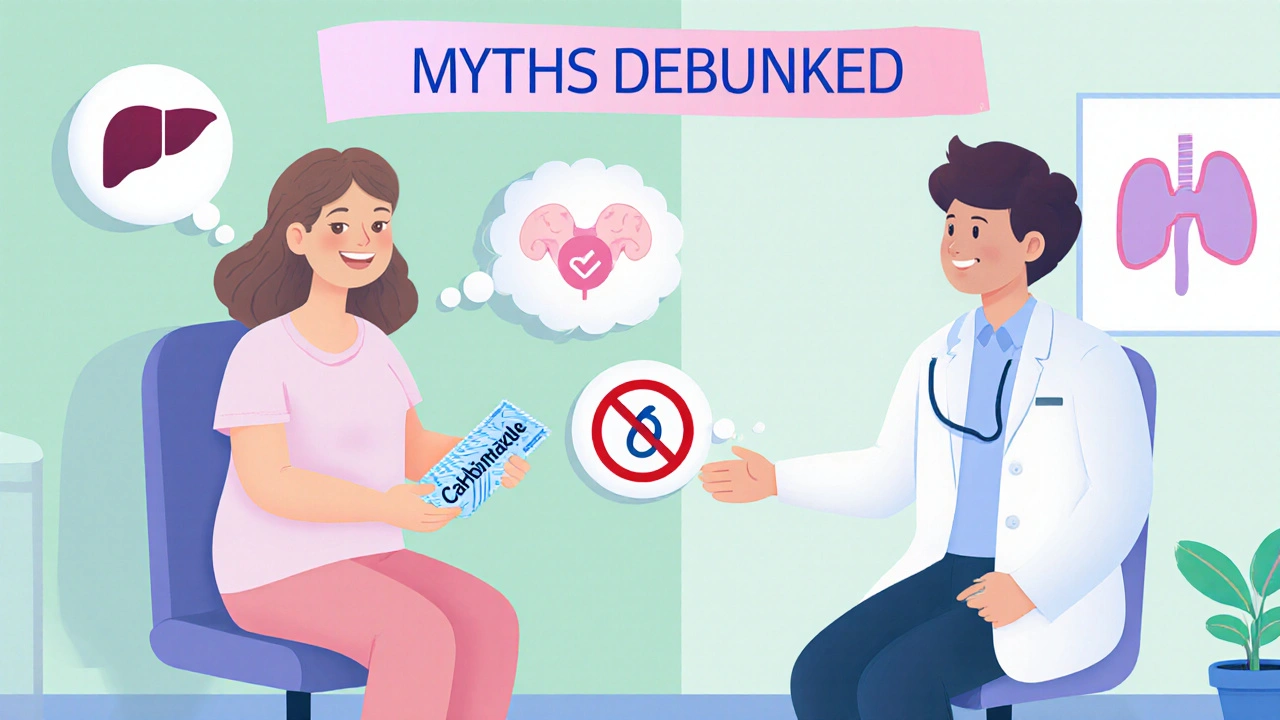 Cartoon patient and doctor discussing Carbimazole safety, focusing on monitoring tests.