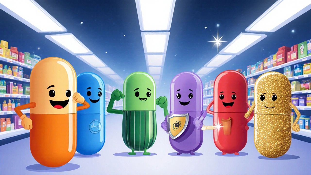 Cartoon pill characters representing different UTI pain relievers lined up in a pharmacy aisle.