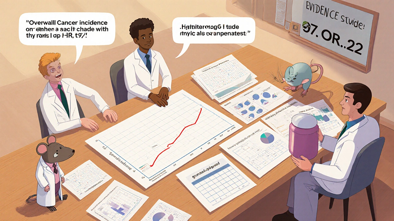 Cartoon scientists reviewing charts that show no overall cancer rise for Carbimazole users.