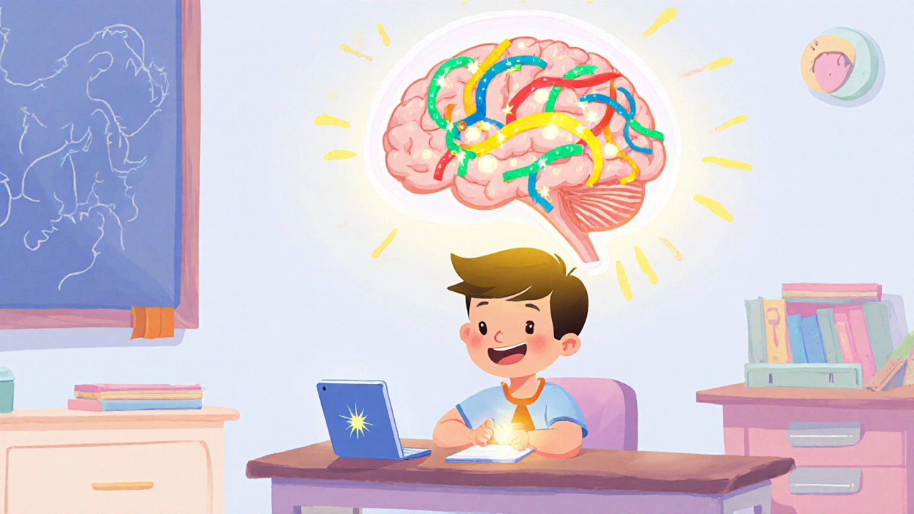 Child at desk with a glowing cartoon brain showing neurotransmitter pathways.