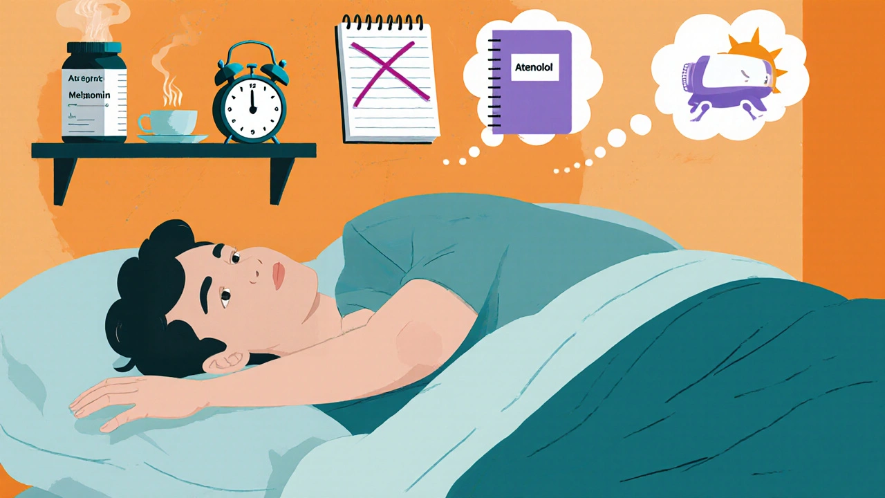 Cozy bedroom scene with melatonin pill, sunrise alarm, sleep log, and alternative beta blocker icons.