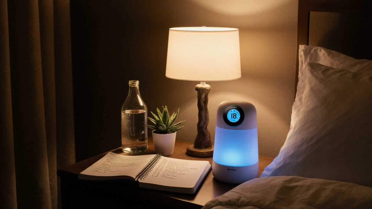 Cozy bedroom scene with thermostat at 18 °C, glass bottle, snake plant, HEPA filter, and fertility checklist journal.