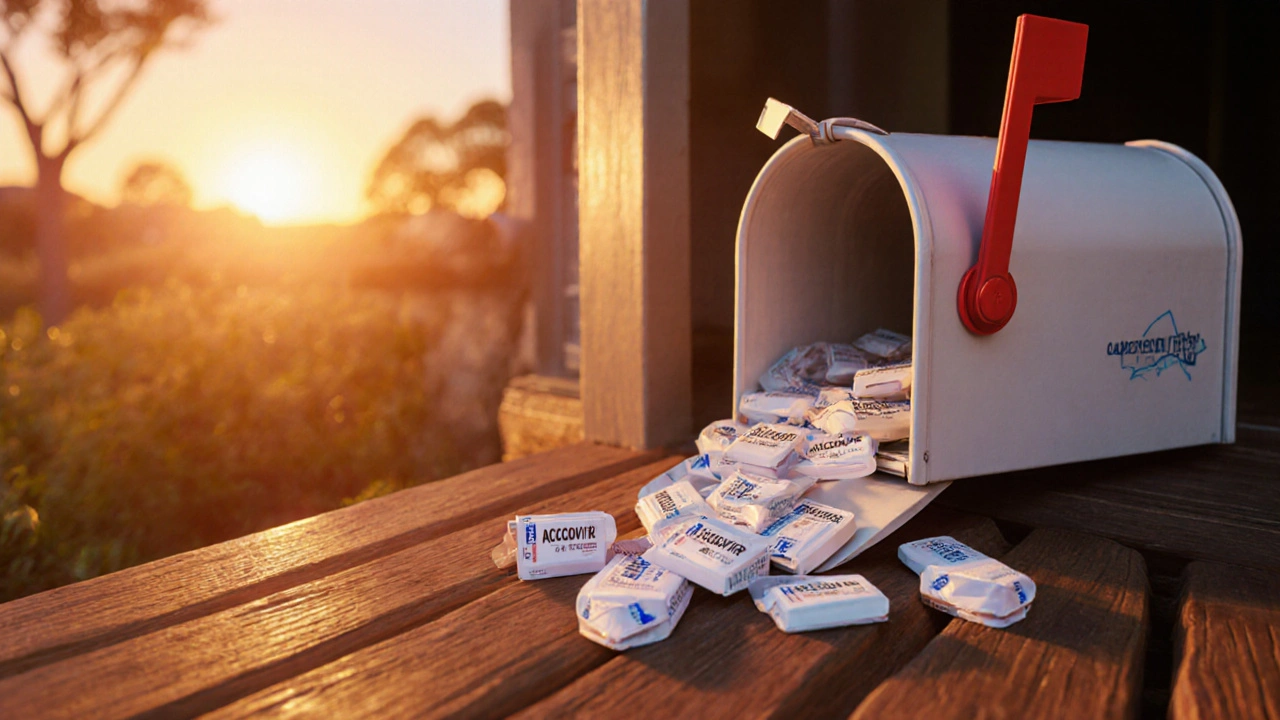 Delivery box of generic acyclovir tablets arrives at Australian mailbox at sunrise.