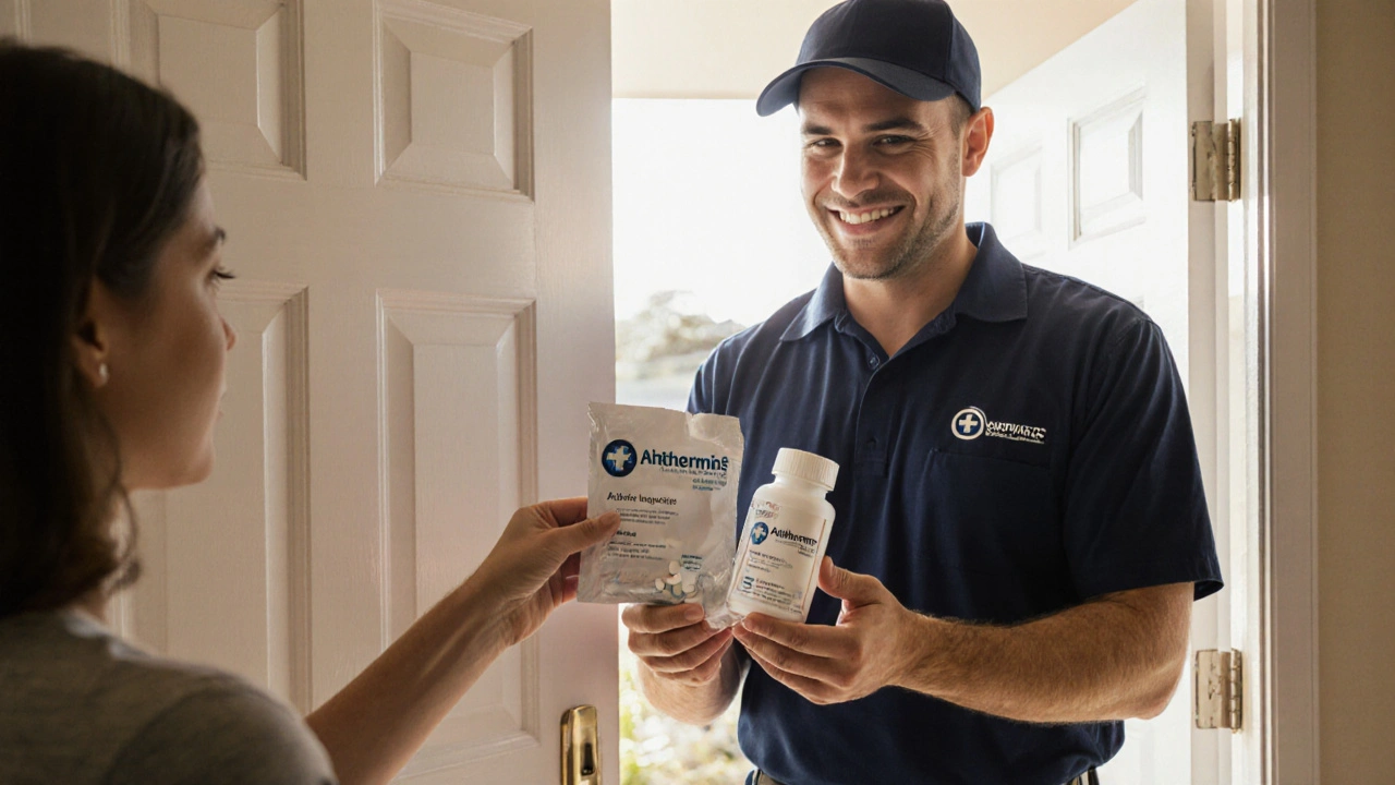 Delivery driver hands a parcel with azithromycin pills to a home resident.
