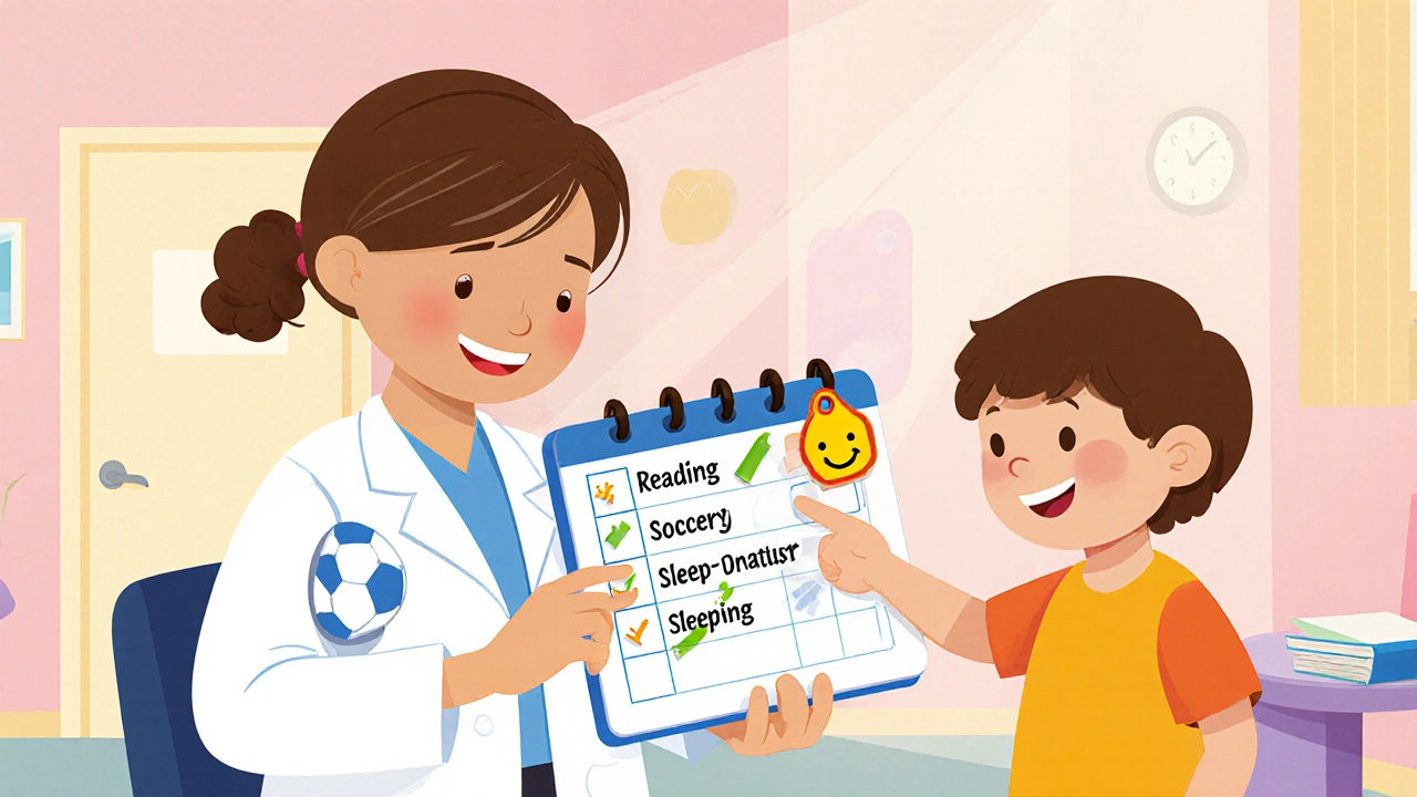 Doctor and child reviewing a pill schedule and activities in a friendly clinic.