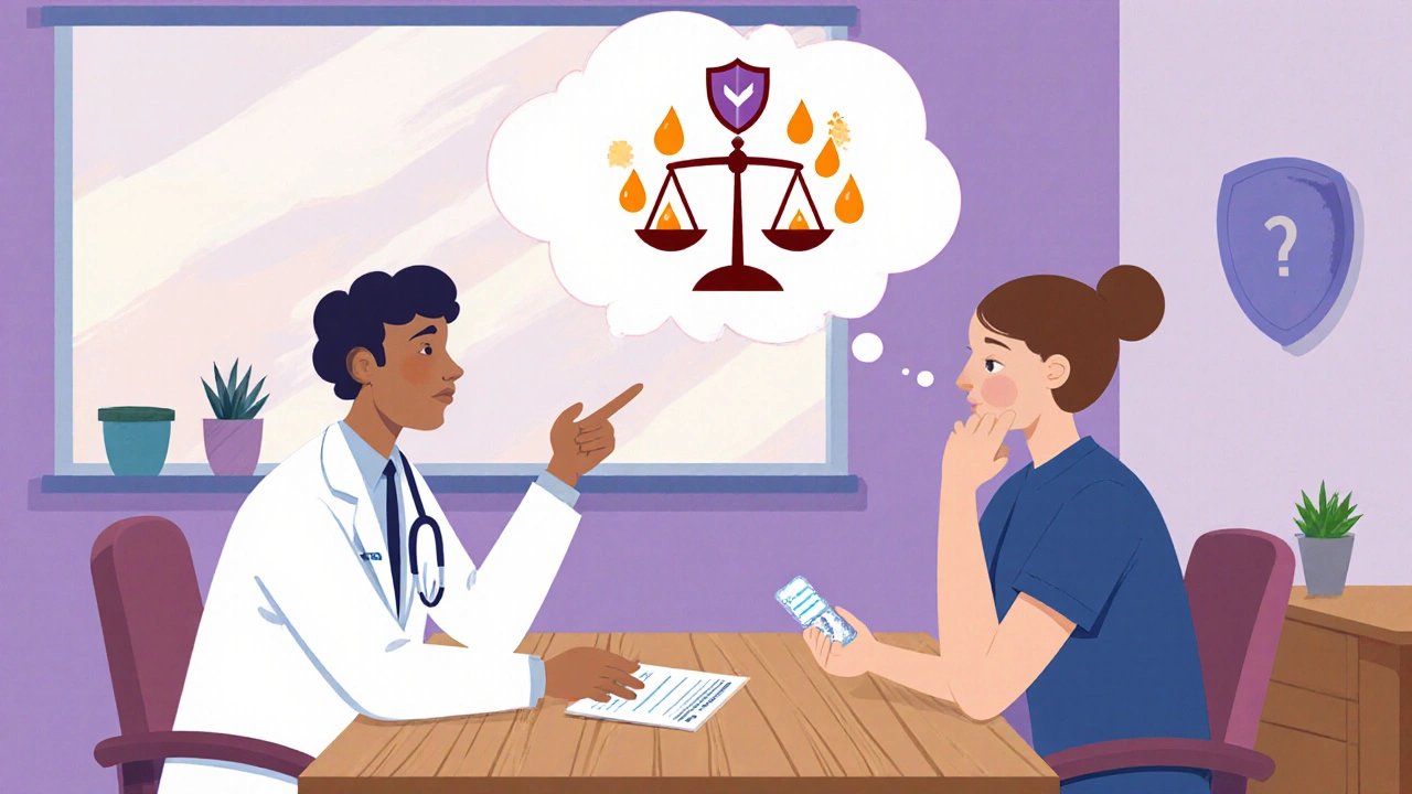 Doctor and patient discussing medication options with visual cues of safety and balance.