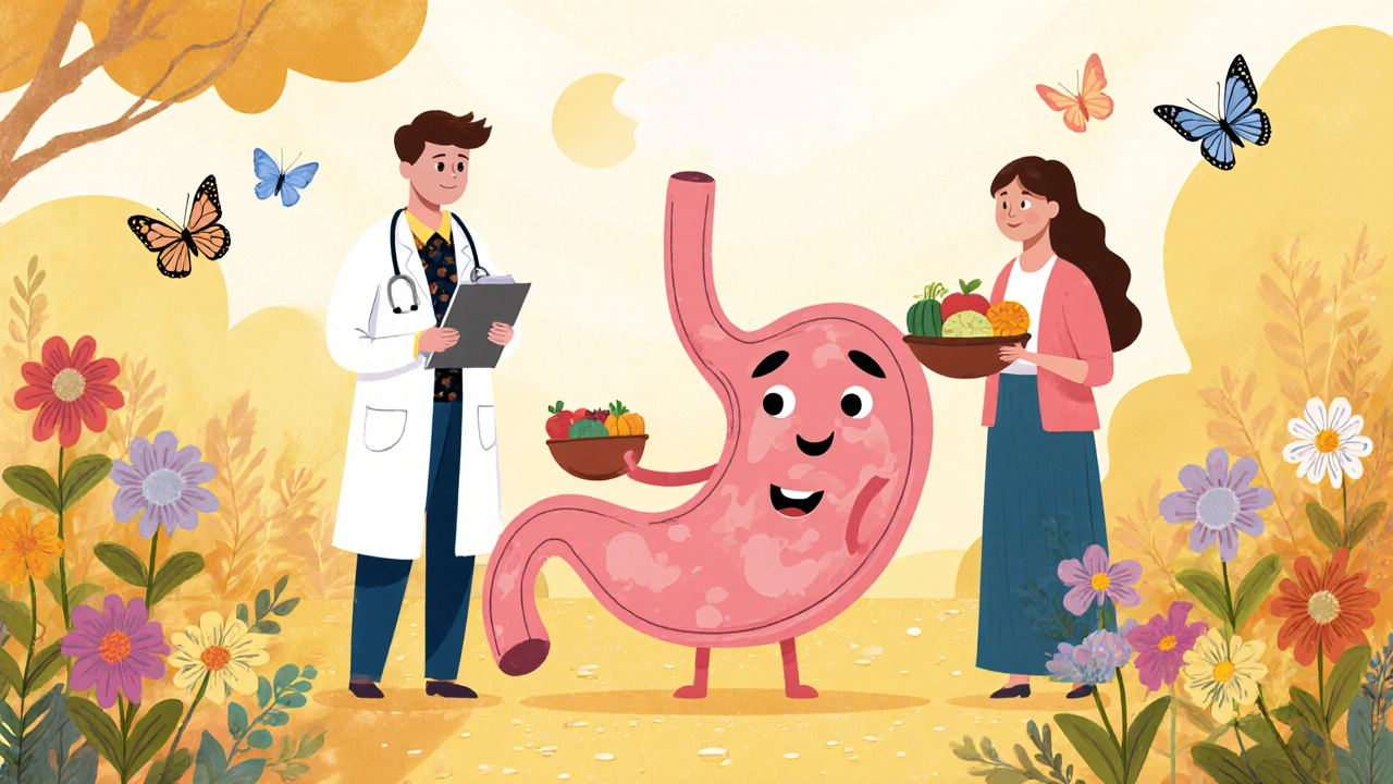 Doctor, nutritionist, and therapist with a happy stomach in a sunny garden representing recovery.