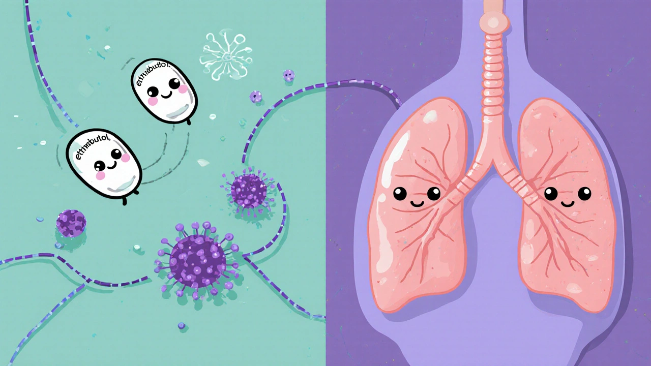 Ethambutol capsules traveling to lungs and kidneys, showing distribution and excretion.