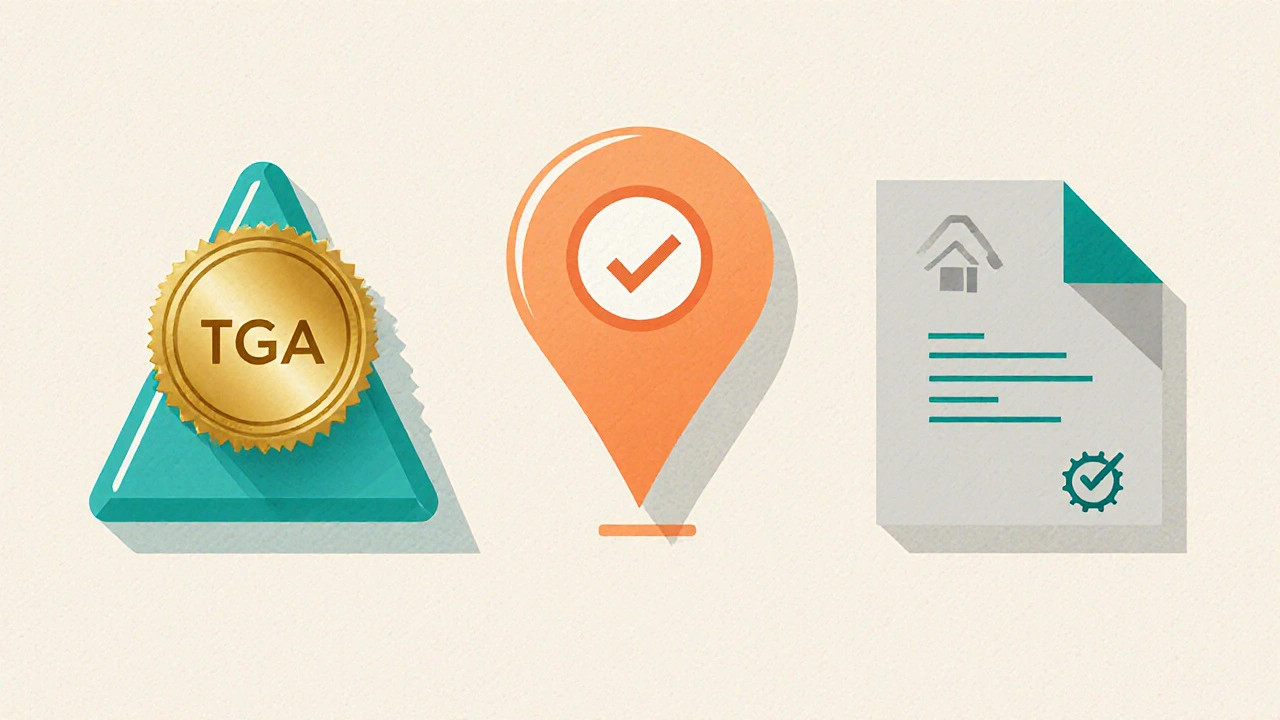 Flat icons of a TGA badge, house address pin, and prescription document.