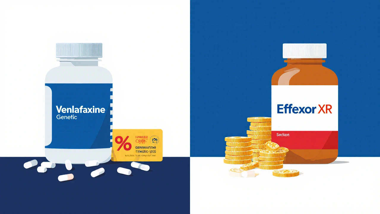 Generic Venlafaxine bottle versus brand Effexor bottle with visual price difference indicated by coins.