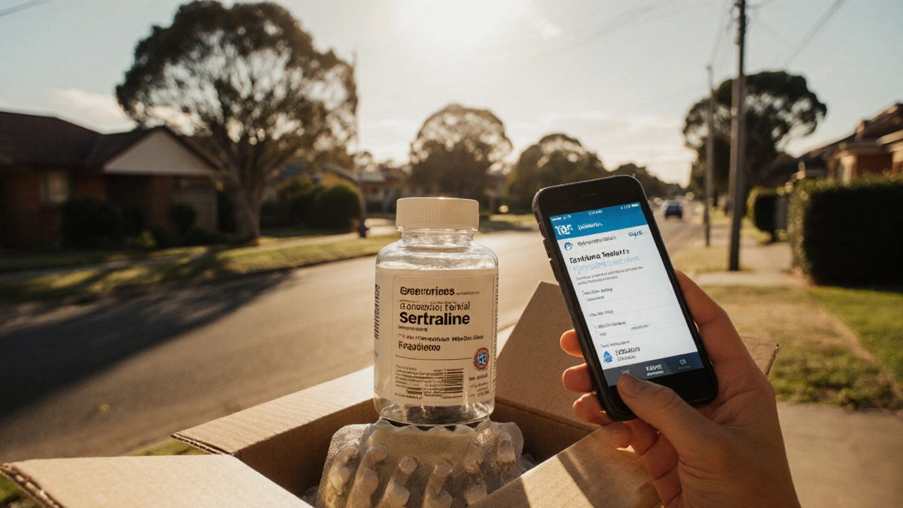 Hand opening a delivery box revealing a generic sertraline bottle and TGA sticker, phone displaying batch verification.