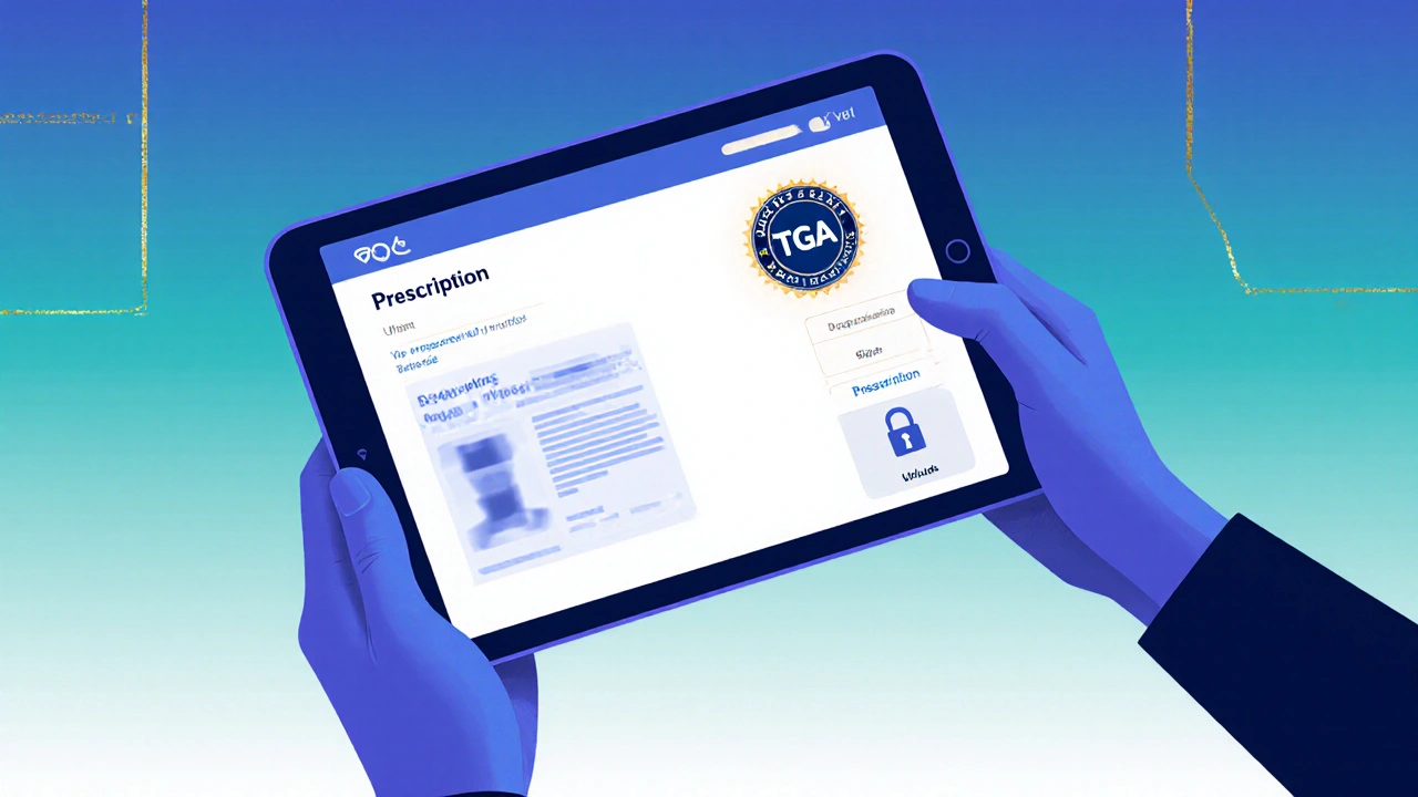 Hands holding tablet showing secure pharmacy checkout with prescription upload.