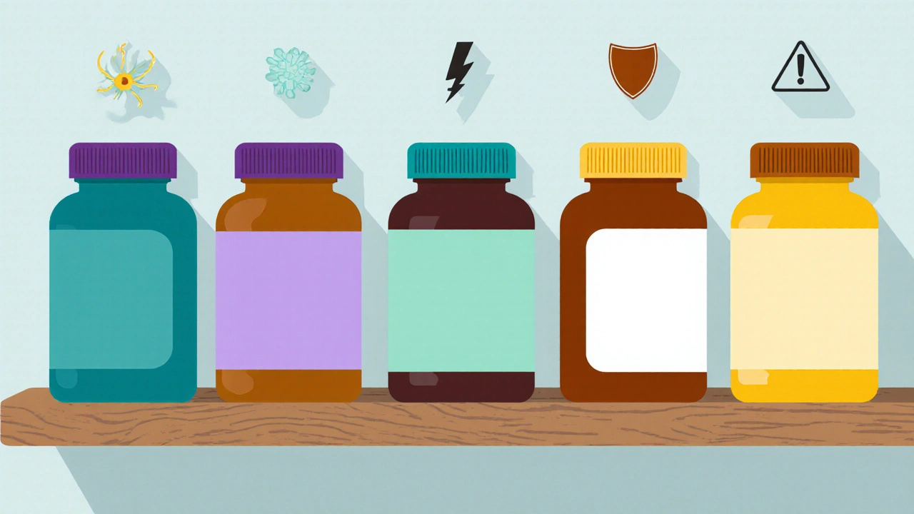Illustration of a pharmacy shelf with six colored medication bottles and small icons indicating fungal targets.