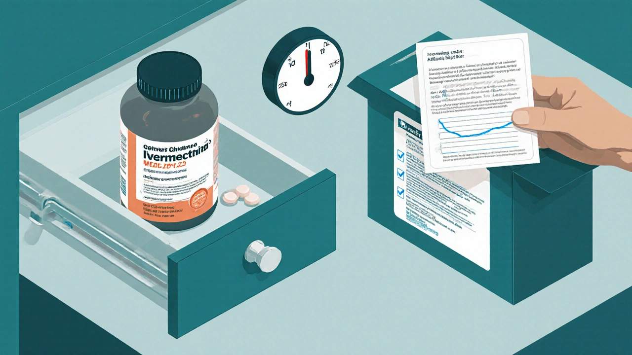 Isometric view of a drawer storing ivermectin tablets and an opened delivery box with a checklist.