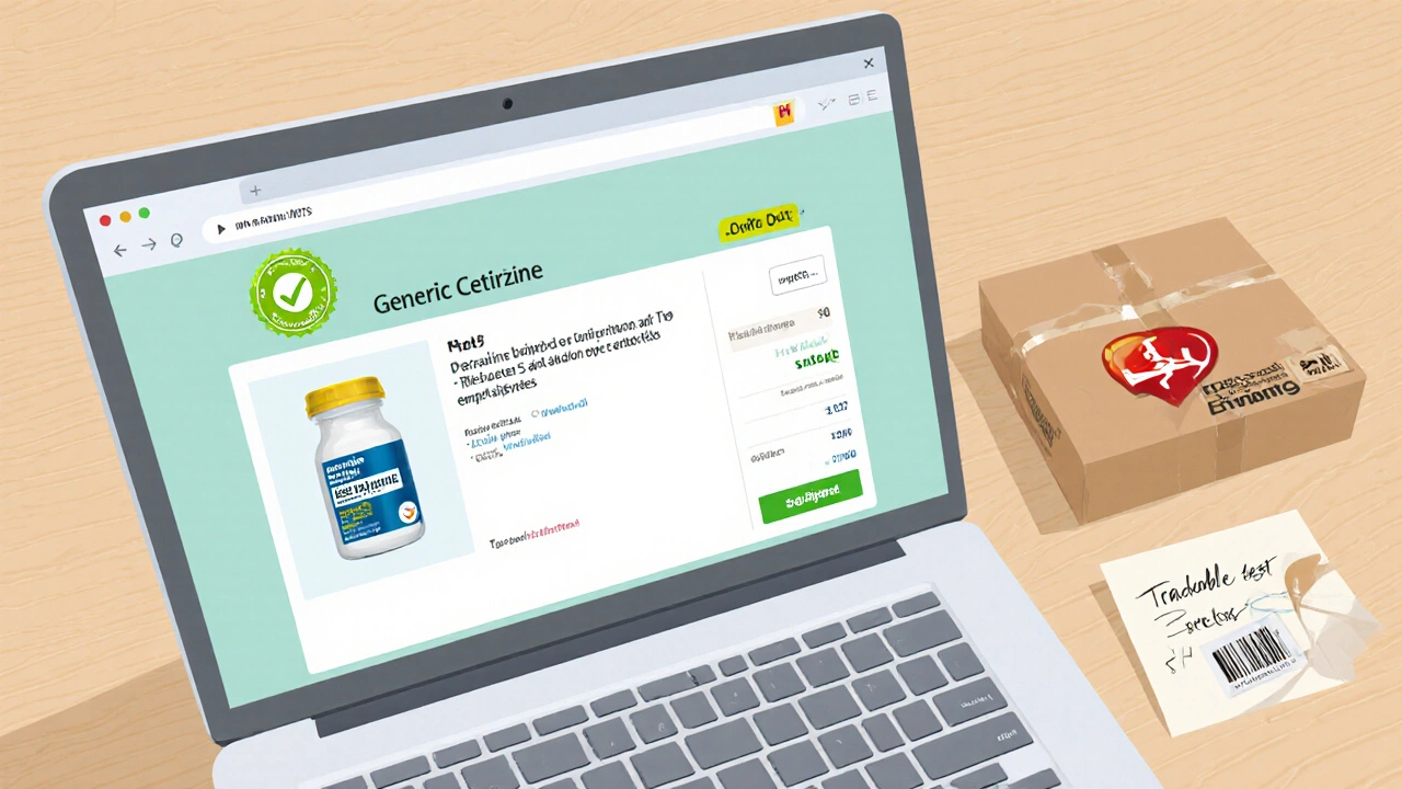 Laptop checkout page showing TGA badge, SSL shield, and parcel indicating safe online purchase.