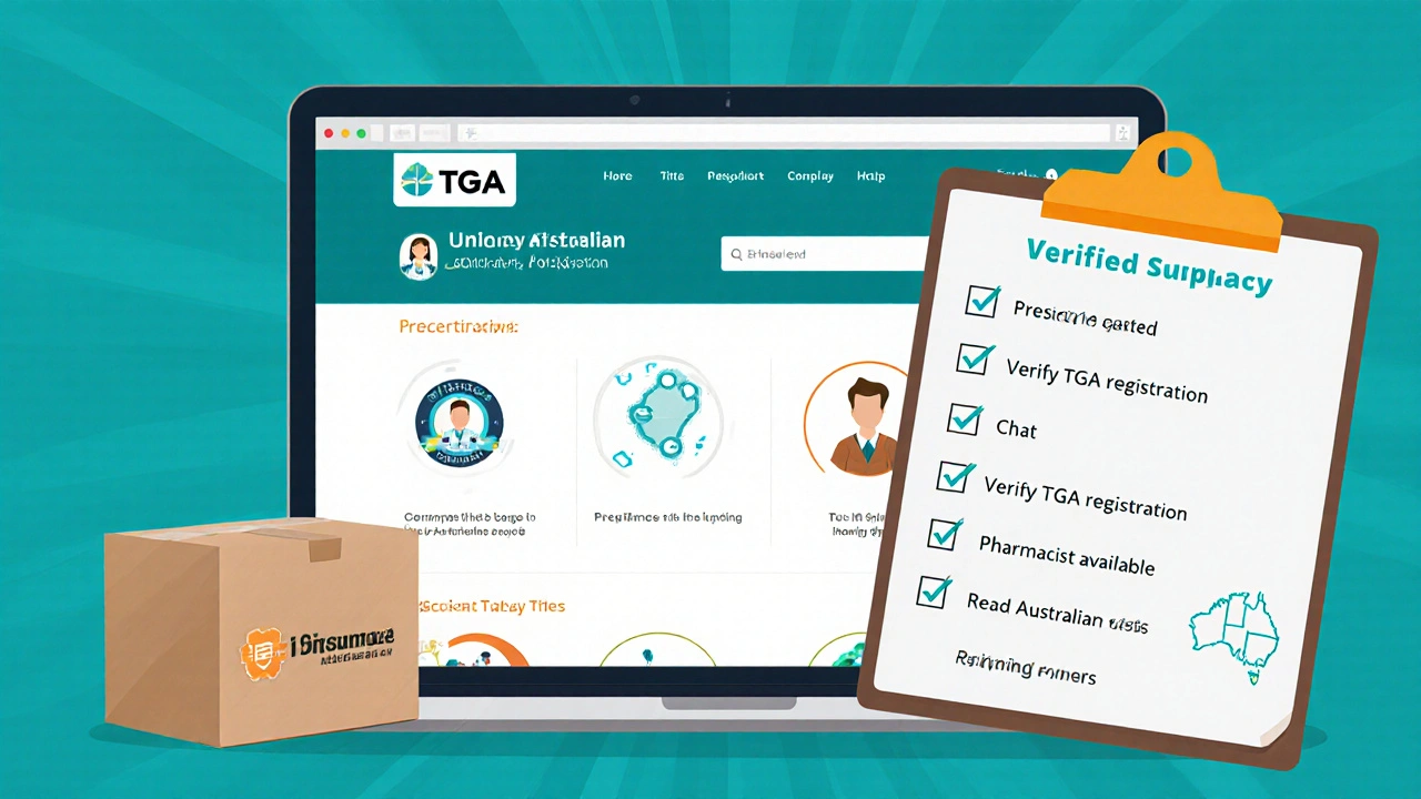 Laptop showing a verified Australian pharmacy site with TGA logo, pharmacist chat, and prescription upload checklist.