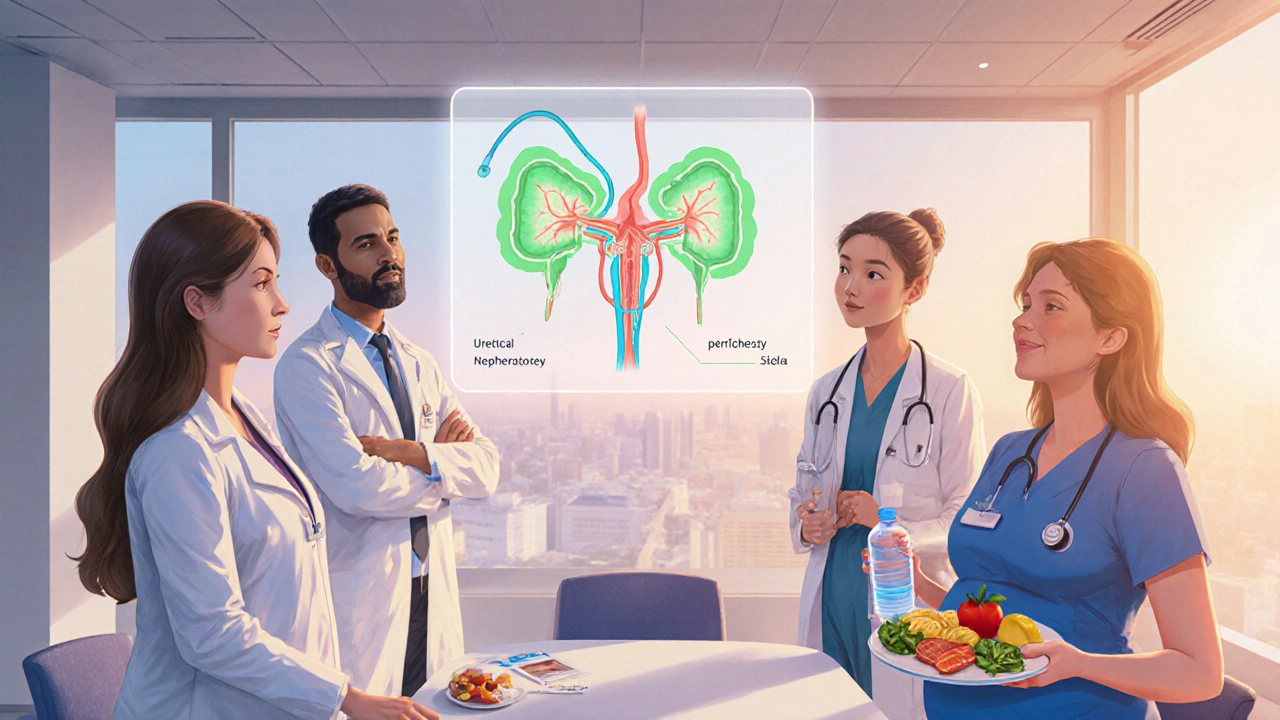 Medical team discussing a pregnant patient’s kidney stone treatment with illustrations of a stent and diet.