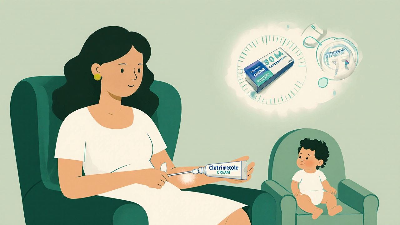 Mother applies thin clotrimazole cream with cotton swab, clock shows 30‑minute wait.