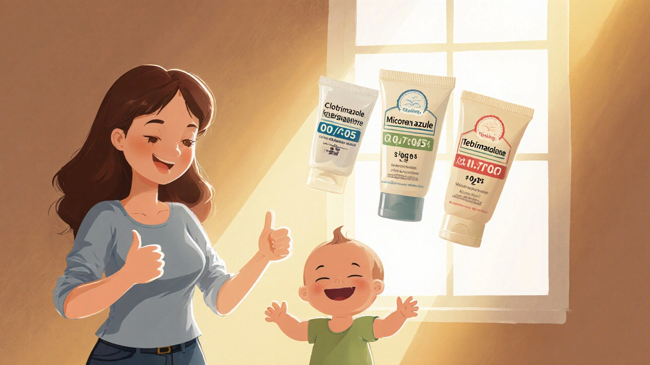 Mother gives thumbs‑up, baby smiles, three antifungal creams display low safety ratios.