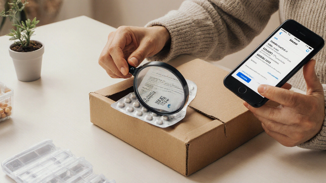 Patient opening a box and inspecting a tamoxifen blister pack with a magnifying glass.
