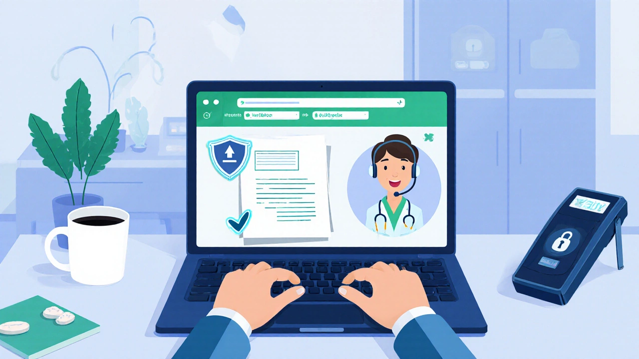 Person at home uploading a prescription on a laptop while a pharmacist reviews it.
