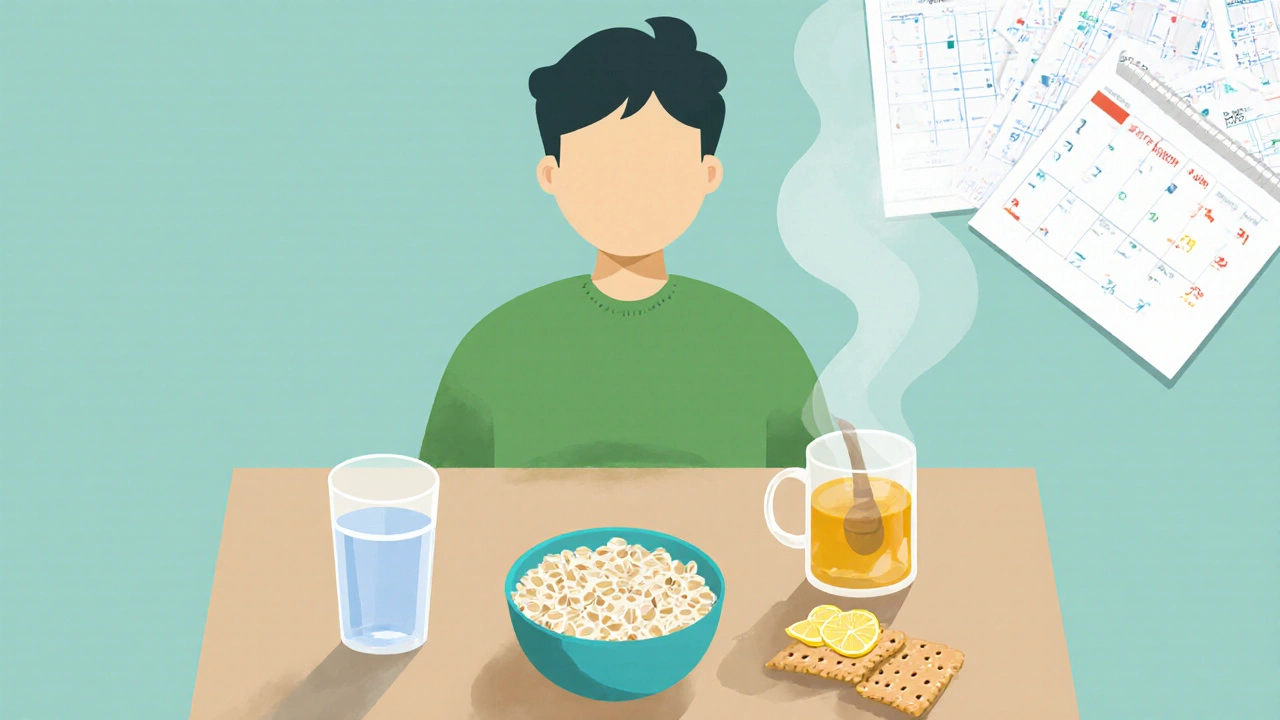 Person sitting upright with water, oatmeal, crackers, and tea after taking medication.
