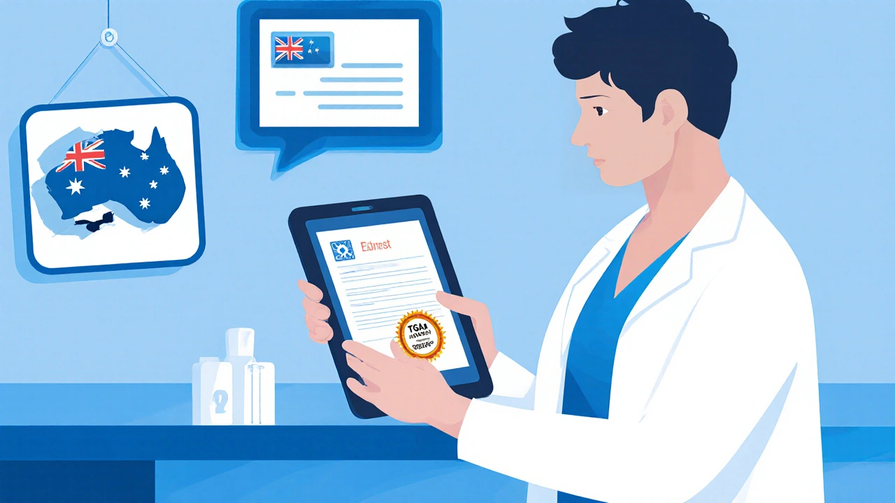 Pharmacist checks digital prescription with TGA badge at pharmacy counter.