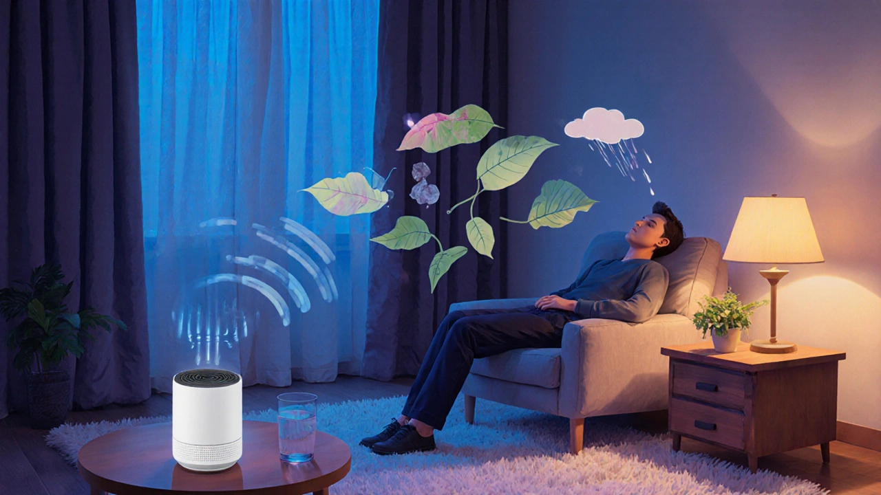 Quiet room with soft furnishings, white-noise machine, and calming sounds helping a tinnitus patient.
