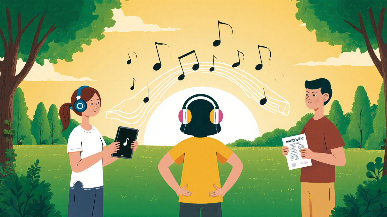Relaxed person using sound-therapy headphones while surrounded by supportive friends.