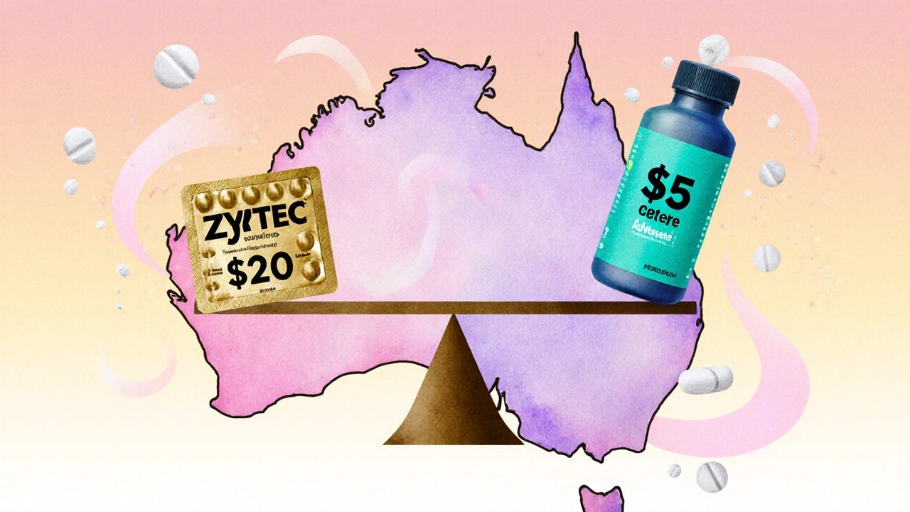Scale balancing brand Zyrtec price tag against cheap generic price over map of Australia.