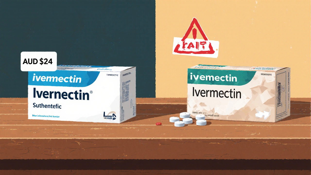 Side‑by‑side comparison of authentic and counterfeit ivermectin boxes with price tags.