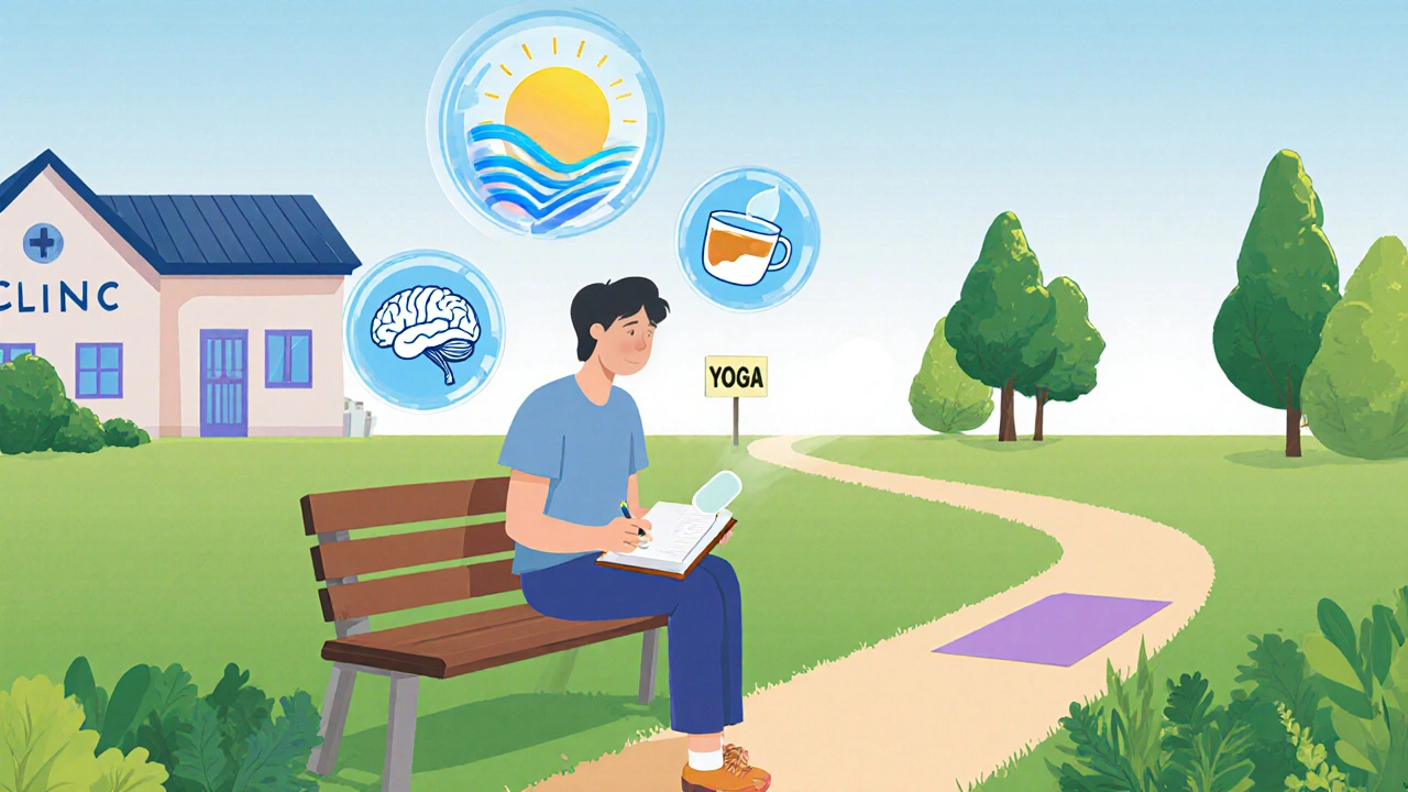 Someone in a garden choosing between medication and holistic paths, with therapy symbols above.