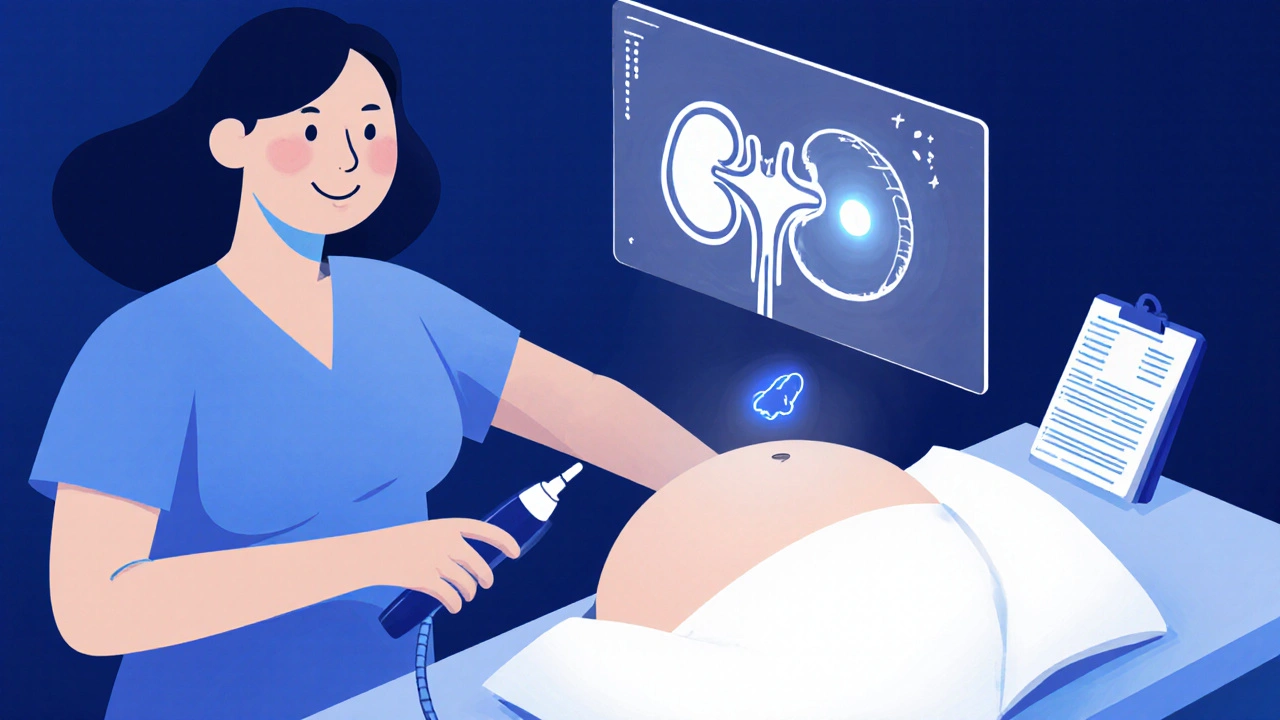 Ultrasound scene showing a pregnant belly with a stone visible in the kidney area and a fetus on the screen.