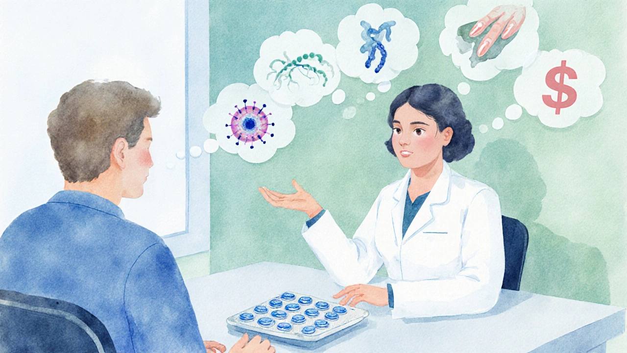 Watercolor scene of a doctor discussing medication options with a patient, showing icons for infection type and cost.