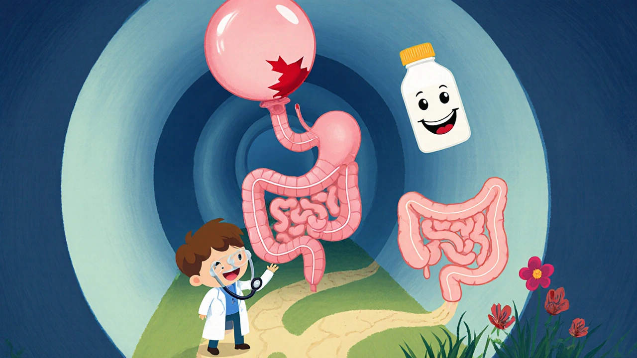 Whimsical gut tunnel with a doctor checking a cracked red esophagus and a friendly laxative bottle.