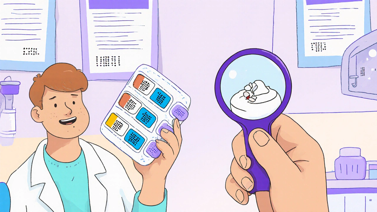 A blister pack with large print and braille labels being handed to someone with visual impairment, alongside crushed medication in yogurt.