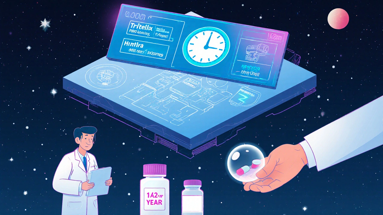 A glowing FDA Exclusivity Dashboard showing drug timers, with a pharmacist handing a generic pill to a patient.