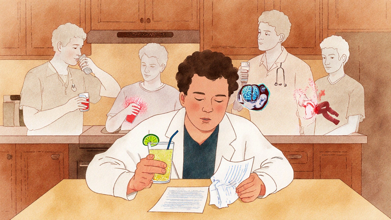 A person choosing a mocktail while ghostly past versions of themselves face medical emergencies.