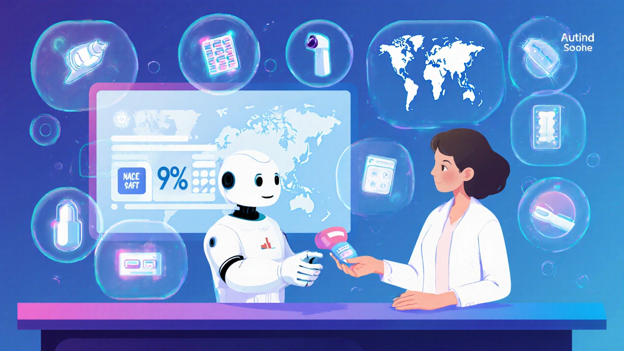 AI pharmacy robot dispensing a low-cost generic pill with digital price drop display and medical icons floating nearby.
