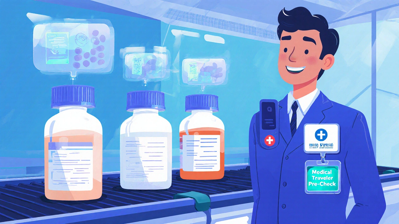 AI-powered medical screening lane with traveler holding Pre-Check badge.